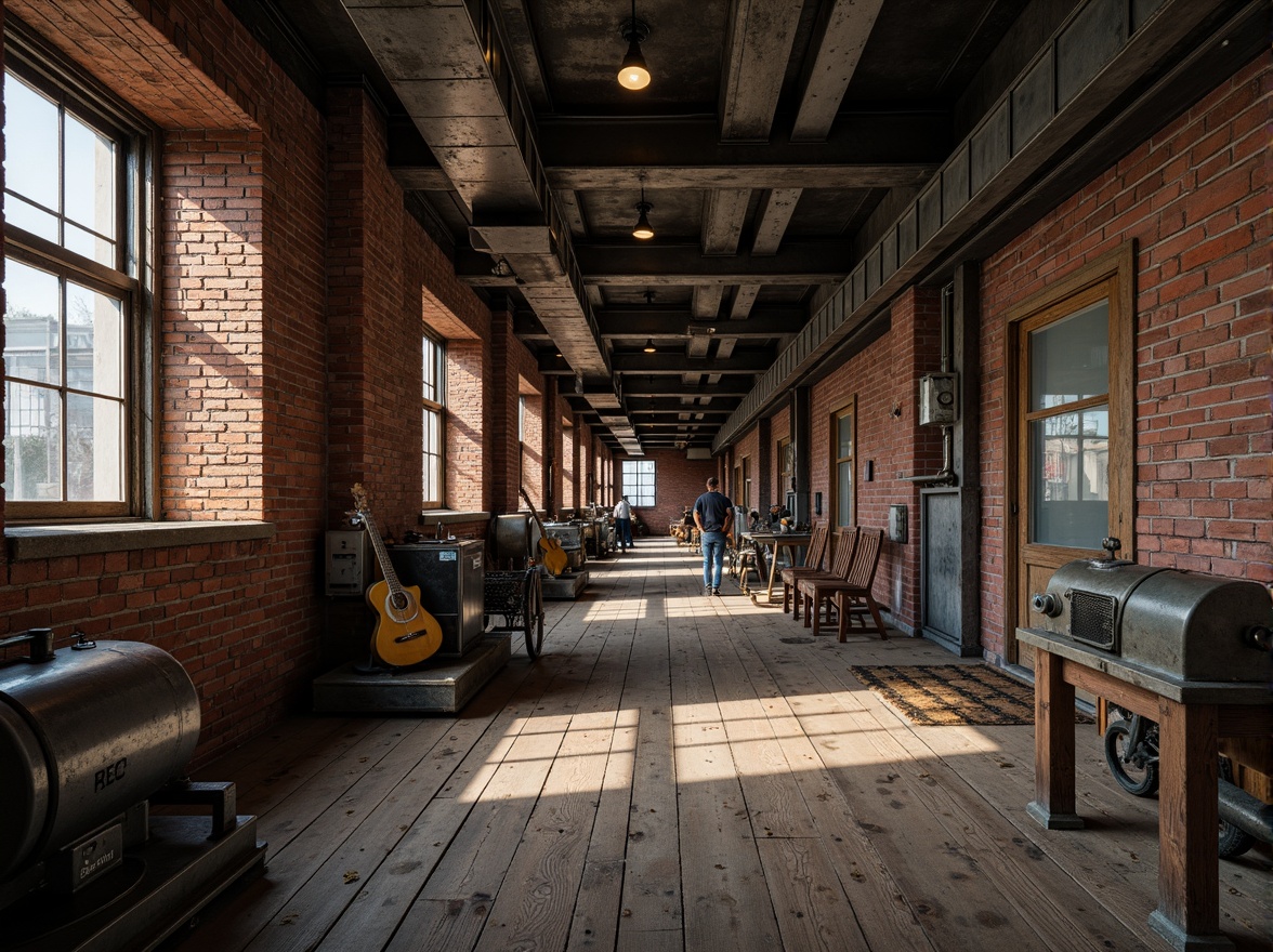 Prompt: Industrial factory setting, exposed brick walls, metal beams, worn wooden floors, vintage machinery, distressed textures, earthy tones, muted colors, rusty reds, weathered blues, faded yellows, industrial greys, urban atmosphere, gritty realism, high contrast lighting, dramatic shadows, cinematic composition, 1/2 camera angle, realistic renderings, ambient occlusion.