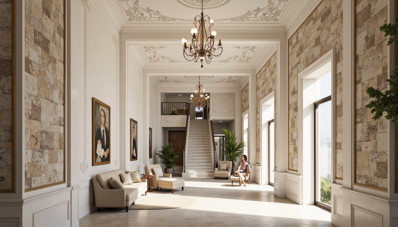 Prompt: Ornate plaster ceilings, decorative moldings, smooth white finishes, textured walls, rustic stone effects, Venetian plaster techniques, luxurious interior designs, grand entrance halls, sweeping staircases, elegant chandeliers, soft warm lighting, shallow depth of field, 3/4 composition, realistic textures, ambient occlusion.