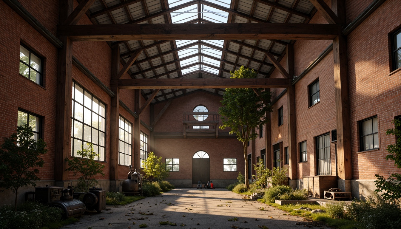 Prompt: Rustic industrial landscape, abandoned factories, distressed brick walls, corrugated metal roofs, worn wooden beams, vintage machinery, urban decay, overgrown vegetation, gritty urban atmosphere, warm golden lighting, shallow depth of field, 1/2 composition, cinematic view, realistic textures, ambient occlusion, nostalgic mood, retro-futuristic elements, exposed ductwork, concrete floors, steel columns, reclaimed wood accents, industrial chic aesthetic.