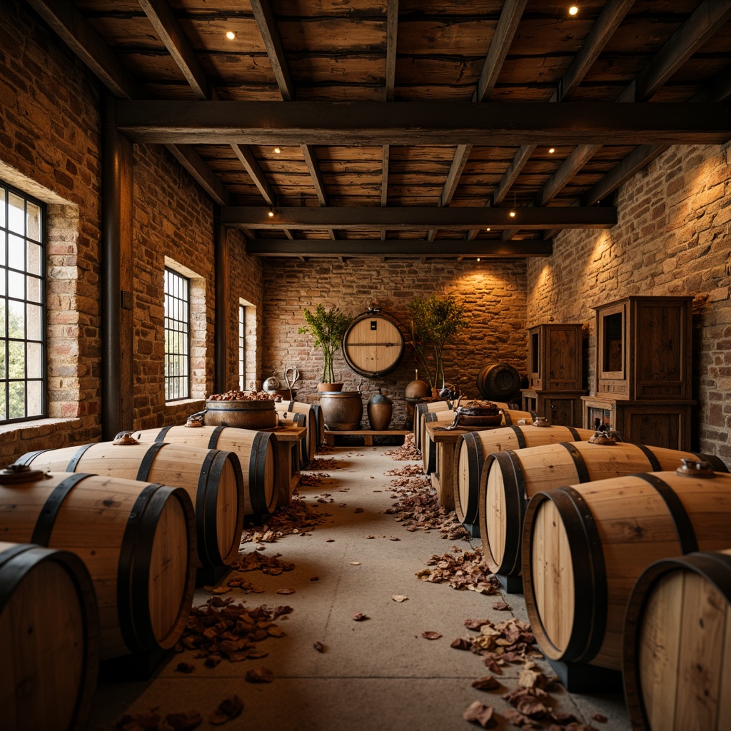 Prompt: Rustic winery, wooden barrels, stone walls, earthy tones, natural lighting, reclaimed wood accents, metal roofing, industrial chic decor, vintage wine-making equipment, exposed brick ceilings, wooden fermentation tanks, oak aging rooms, dim warm ambiance, soft golden lighting, shallow depth of field, 1/1 composition, realistic textures, ambient occlusion.