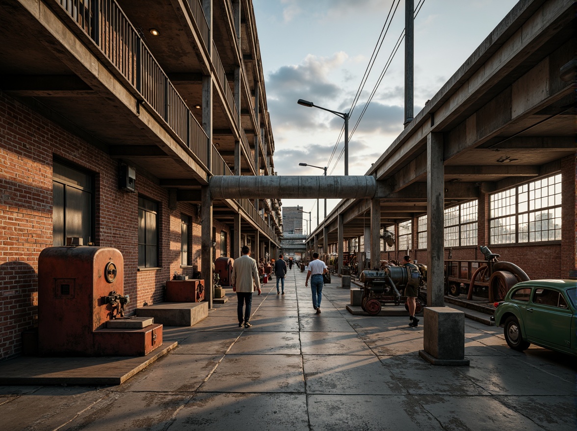 Prompt: Industrial factory setting, exposed brick walls, metal beams, worn wooden floors, distressed concrete textures, vintage machinery, rusty pipes, urban cityscape, cloudy grey skies, warm golden lighting, shallow depth of field, 1/2 composition, realistic materials, ambient occlusion, muted color palette, earthy tones, weathered steel blues, faded reds, industrial greens, creamy whites, rich browns.