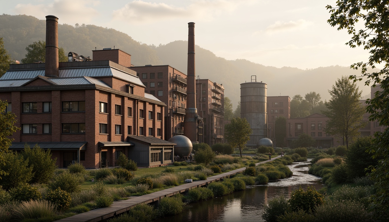 Prompt: Industrial factory complex, rustic brick buildings, corrugated metal roofs, worn concrete walls, vintage machinery, abandoned chimneys, overgrown vegetation, wildflowers, meandering streams, misty atmosphere, soft warm lighting, shallow depth of field, 3/4 composition, panoramic view, realistic textures, ambient occlusion, regionalism-inspired architecture, modern industrial design, functional spaces, exposed ductwork, metal catwalks, reclaimed wood accents, earthy color palette, natural stone pathways, weathered steel bridges.