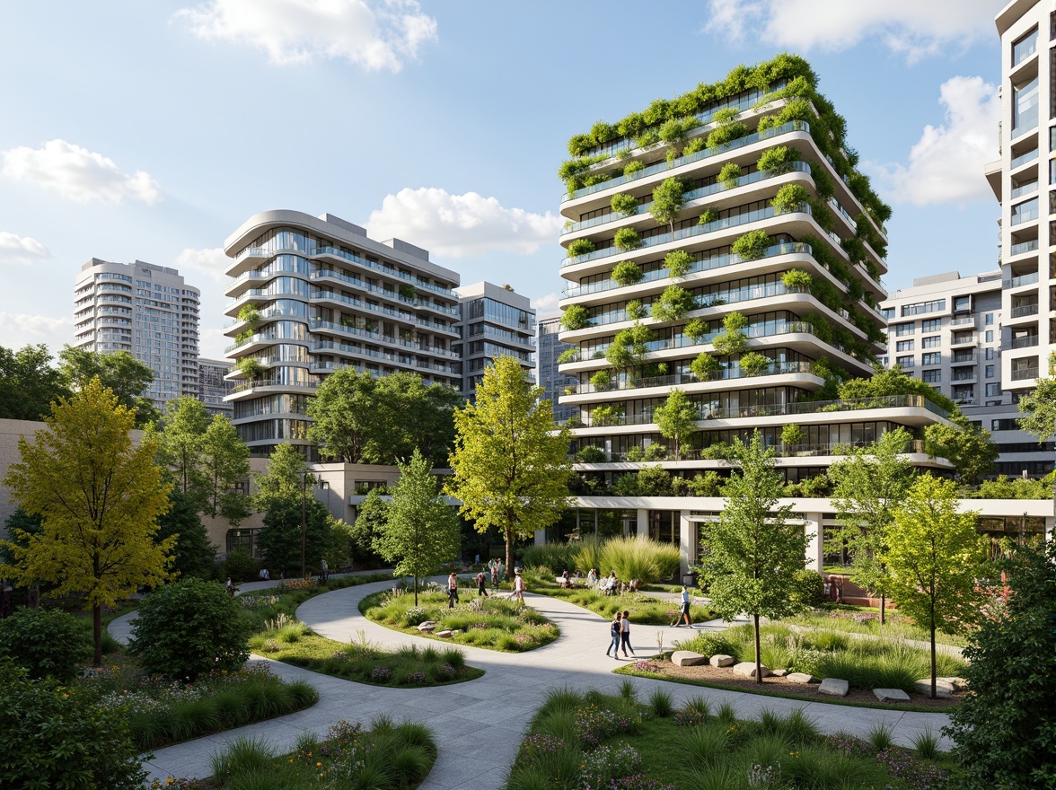 Prompt: Eco-friendly urban landscape, green roofs, living walls, recycled concrete buildings, low-carbon cement, FSC-certified wood, bamboo facades, solar panels, wind turbines, rainwater harvesting systems, grey water reuse, permeable pavements, urban agriculture, vertical farming, hydroponic systems, natural ventilation, passive design strategies, energy-efficient glazing, thermal mass materials, radiant cooling systems, bio-based insulation, recycled aluminum cladding, sustainable drainage systems, urban forestry, native plant species, biodiversity conservation.