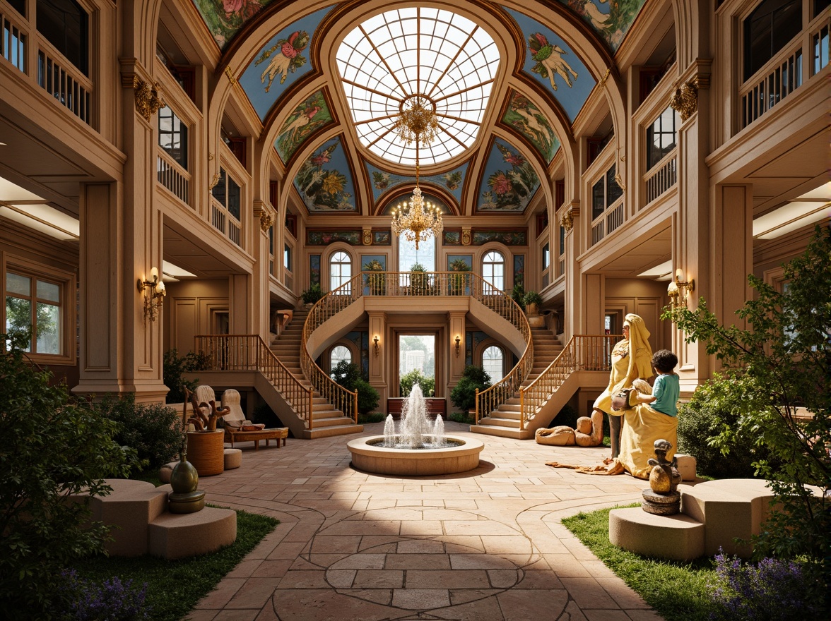 Prompt: Intricate kindergarten, ornate Baroque architecture, lavish decorations, golden accents, curved lines, grand entrance, sweeping staircases, opulent chandeliers, vibrant colorful murals, whimsical sculptures, playful fountains, lush greenery, soft warm lighting, shallow depth of field, 1/1 composition, realistic textures, ambient occlusion.