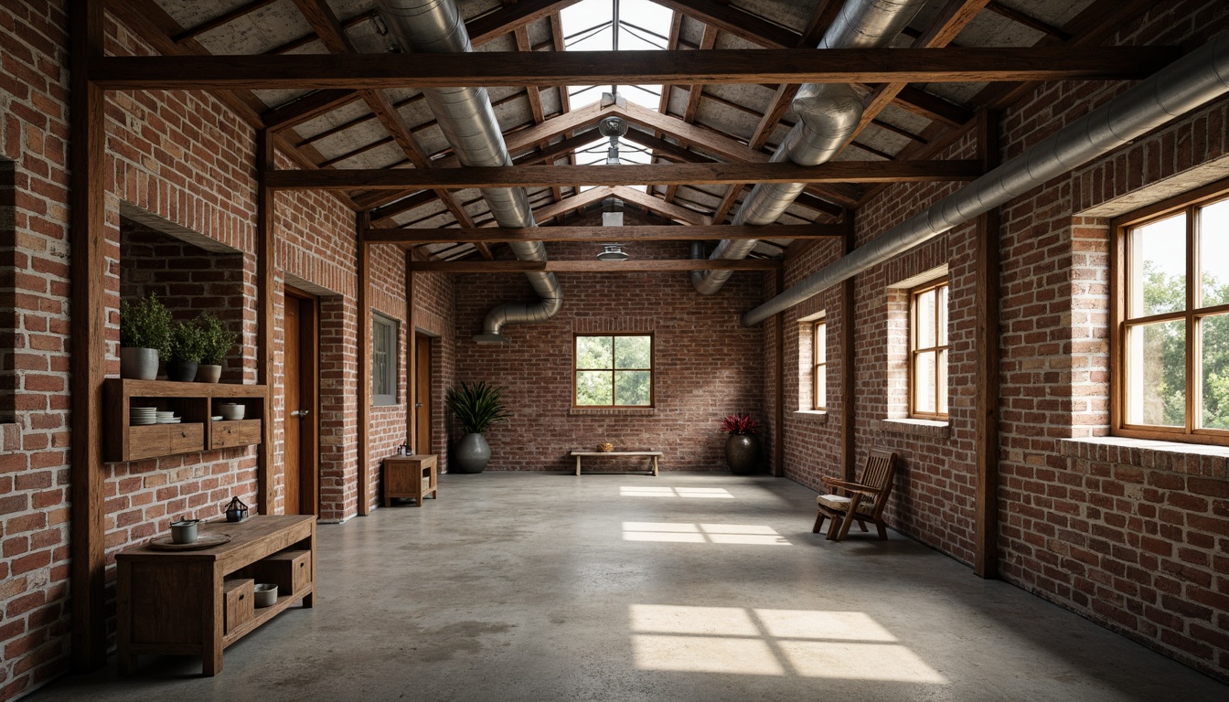 Prompt: Rustic industrial landscape, abandoned factories, worn brick walls, distressed metal roofs, reclaimed wood accents, earthy tones, natural textures, regional materials, local craftsmanship, exposed ductwork, concrete floors, steel beams, functional minimalism, industrial chic aesthetic, warm soft lighting, shallow depth of field, 1/1 composition, realistic renderings, ambient occlusion.