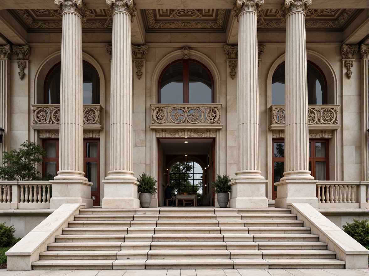 Prompt: Grandiose classical facade, ornate columns, intricately carved details, symmetrical composition, majestic entrance, imposing stone walls, rusticated base, decorative cornices, ornamental balustrades, grand staircases, sweeping arches, elegant pilasters, refined moldings, subtle color palette, soft natural lighting, shallow depth of field, 2/3 composition, realistic textures, ambient occlusion.