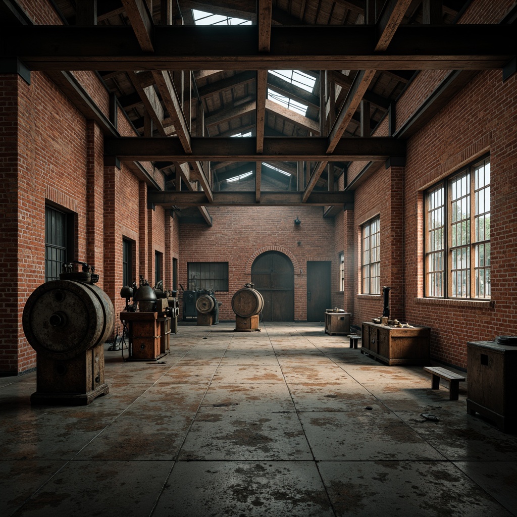 Prompt: Industrial factory setting, exposed brick walls, metal beams, worn wooden floors, vintage machinery, distressed textures, earthy tones, muted colors, rusty reds, weathered blues, faded yellows, industrial greys, urban atmosphere, gritty realism, high contrast lighting, dramatic shadows, cinematic composition, 1/2 camera angle, realistic renderings, ambient occlusion.