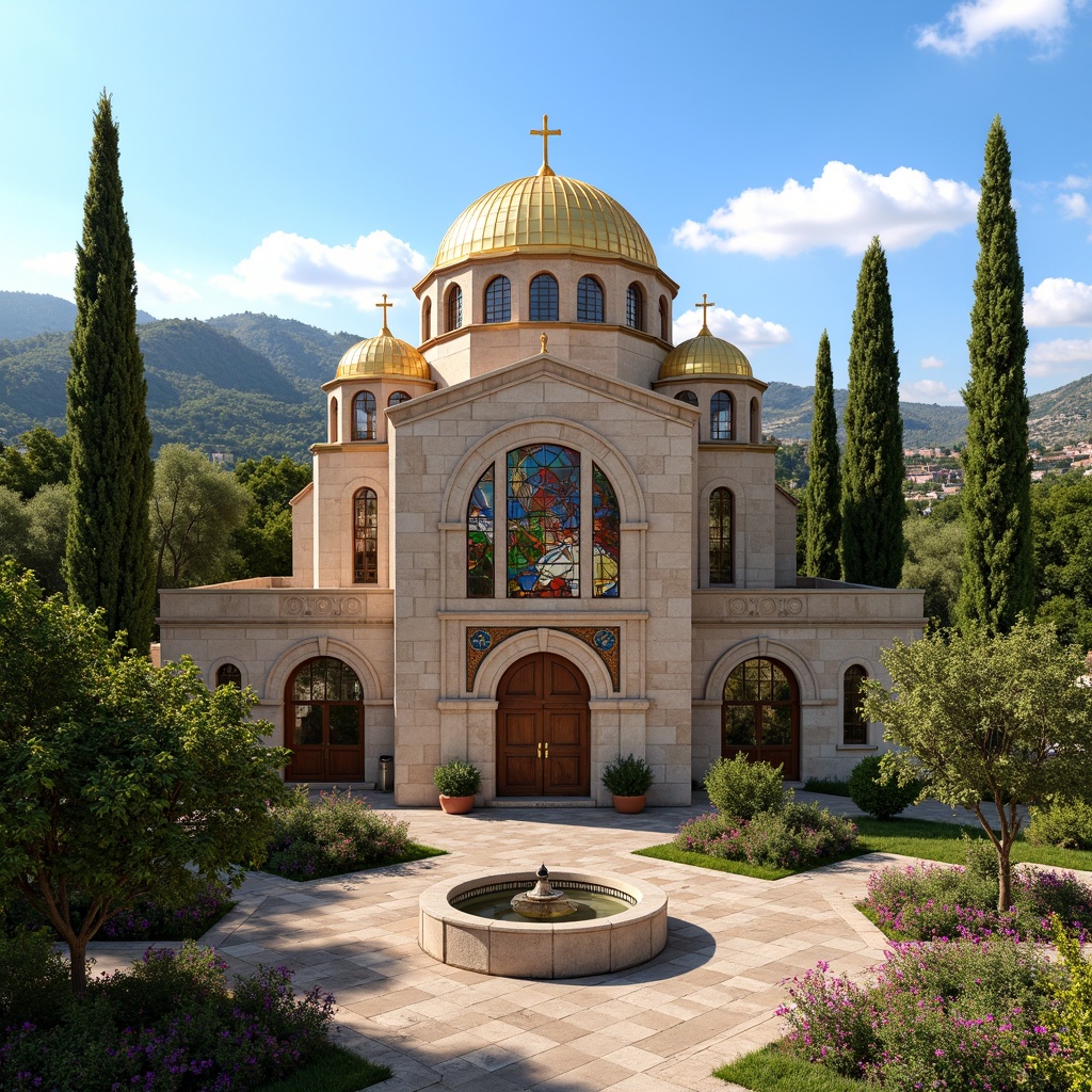 Prompt: Majestic Byzantine church, intricately carved stone fa\u00e7ade, golden domes, ornate mosaics, lush greenery, blooming flowers, serene courtyard, tranquil fountain, natural stone walkways, rustic wooden doors, grand archways, vibrant stained glass windows, warm soft lighting, shallow depth of field, 3/4 composition, panoramic view, realistic textures, ambient occlusion, Mediterranean landscape, rolling hills, olive trees, cypress groves, sunny day, clear blue sky.