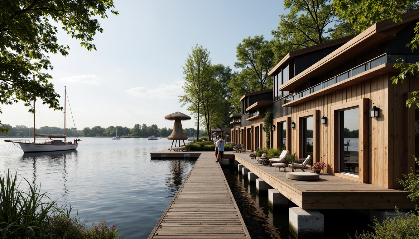 Prompt: Waterfront location, serene lake views, wooden dock, sailboats, classic boathouse architecture, rustic wooden facades, ornate metal decorations, vintage nautical elements, distressed wood textures, earthy color palette, natural stone foundations, lush greenery, overhanging trees, warm sunny day, soft diffused lighting, shallow depth of field, 1/2 composition, realistic reflections, ambient occlusion.