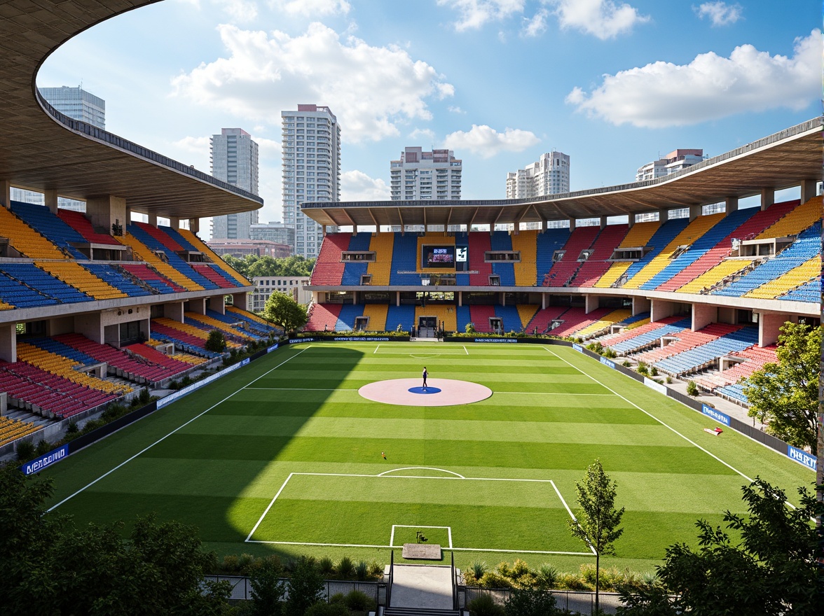 Prompt: Vibrant soccer stadium, social housing facade, bold color scheme, dynamic curves, angular lines, modern architecture, cantilevered roofs, large windows, metal cladding, concrete structures, urban landscape, city skyline, sunny day, dramatic lighting, shallow depth of field, 1/1 composition, realistic textures, ambient occlusion, lively atmosphere, energetic vibe, community spirit.