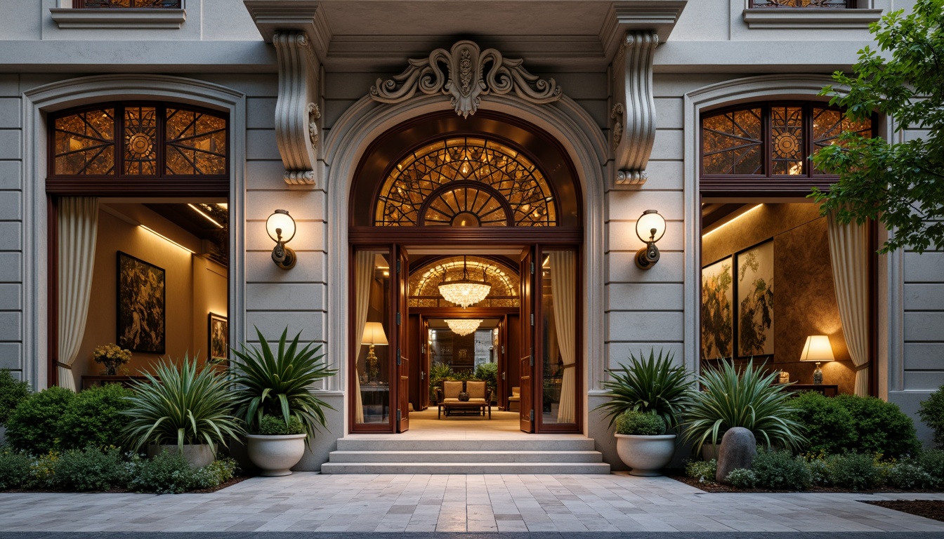 Prompt: Intricate bank facade, ornate stone carvings, flowing organic lines, curved wooden doors, stained glass windows, grand entrance hall, marble floors, polished bronze fixtures, natural stone walls, lush greenery, potted plants, warm ambient lighting, soft focus, shallow depth of field, 1/2 composition, realistic textures, ambient occlusion.