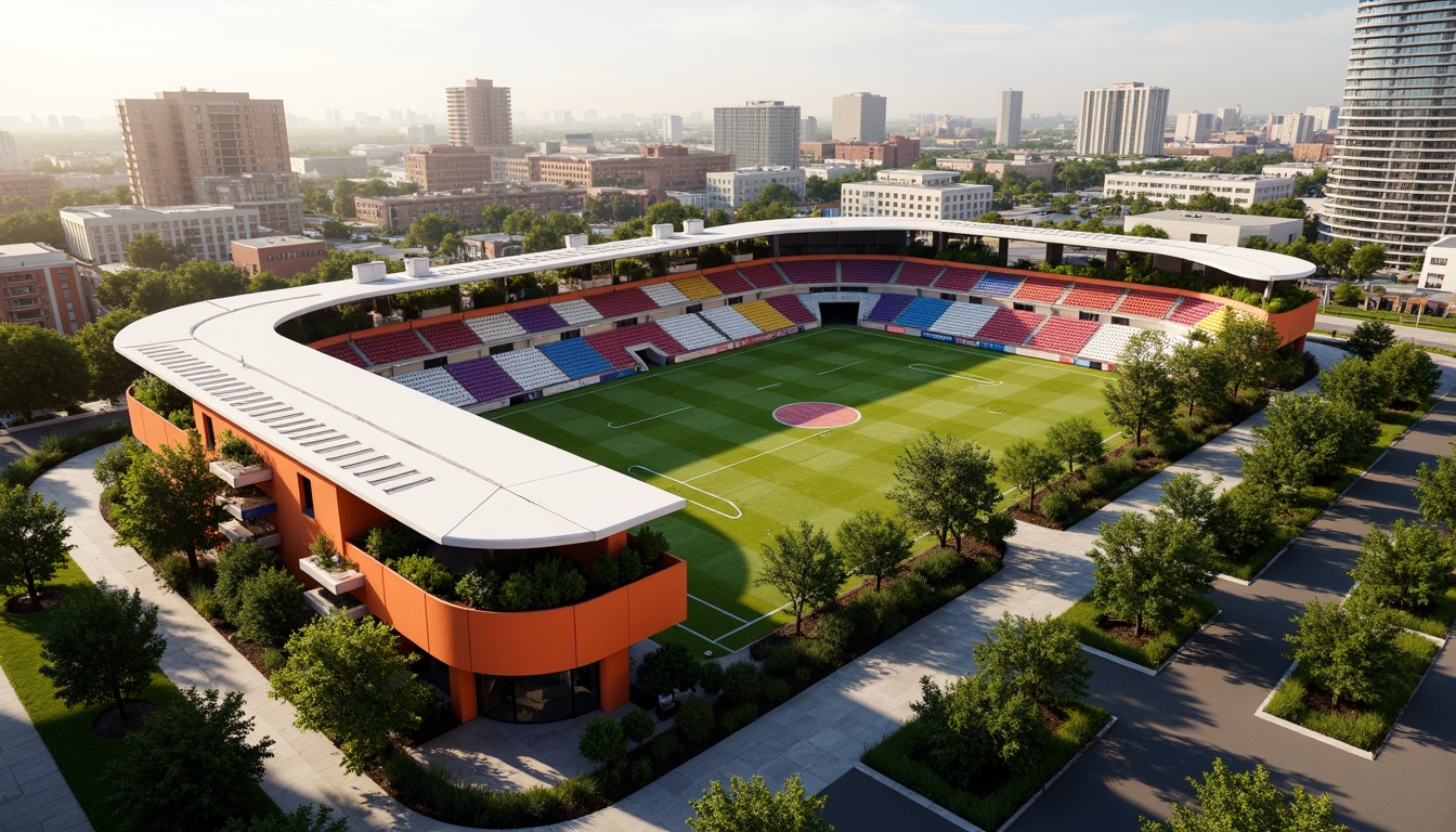 Prompt: Vibrant soccer stadium, social housing complex, bold team colors, dynamic architecture, angular lines, modern fa\u00e7ade, green roofs, eco-friendly materials, innovative ventilation systems, shaded outdoor spaces, misting systems, urban landscape, city skyline, sunny day, soft warm lighting, shallow depth of field, 3/4 composition, panoramic view, realistic textures, ambient occlusion.