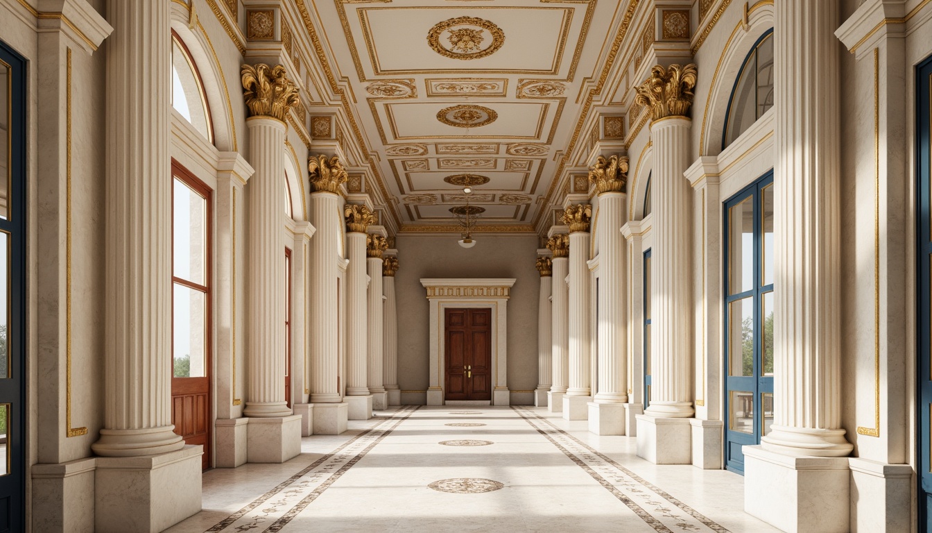 Prompt: Elegant neoclassical architecture, ornate columns, intricately carved details, soft creamy whites, warm beige tones, rich gold accents, deep blues, velvety reds, subtle earthy undertones, ornamental moldings, grandiose scale, symmetrical composition, dramatic lighting, high contrast ratios, atmospheric perspective, realistic textures, ambient occlusion.