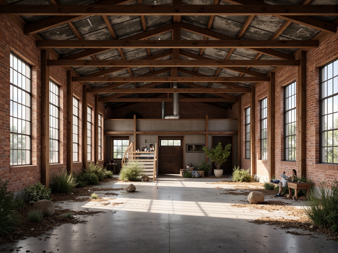 Prompt: Rustic industrial landscape, abandoned factories, worn brick walls, distressed metal roofs, reclaimed wood accents, earthy tones, natural textures, regional materials, local craftsmanship, exposed ductwork, concrete floors, steel beams, functional minimalism, industrial chic aesthetic, warm soft lighting, shallow depth of field, 1/1 composition, realistic renderings, ambient occlusion.