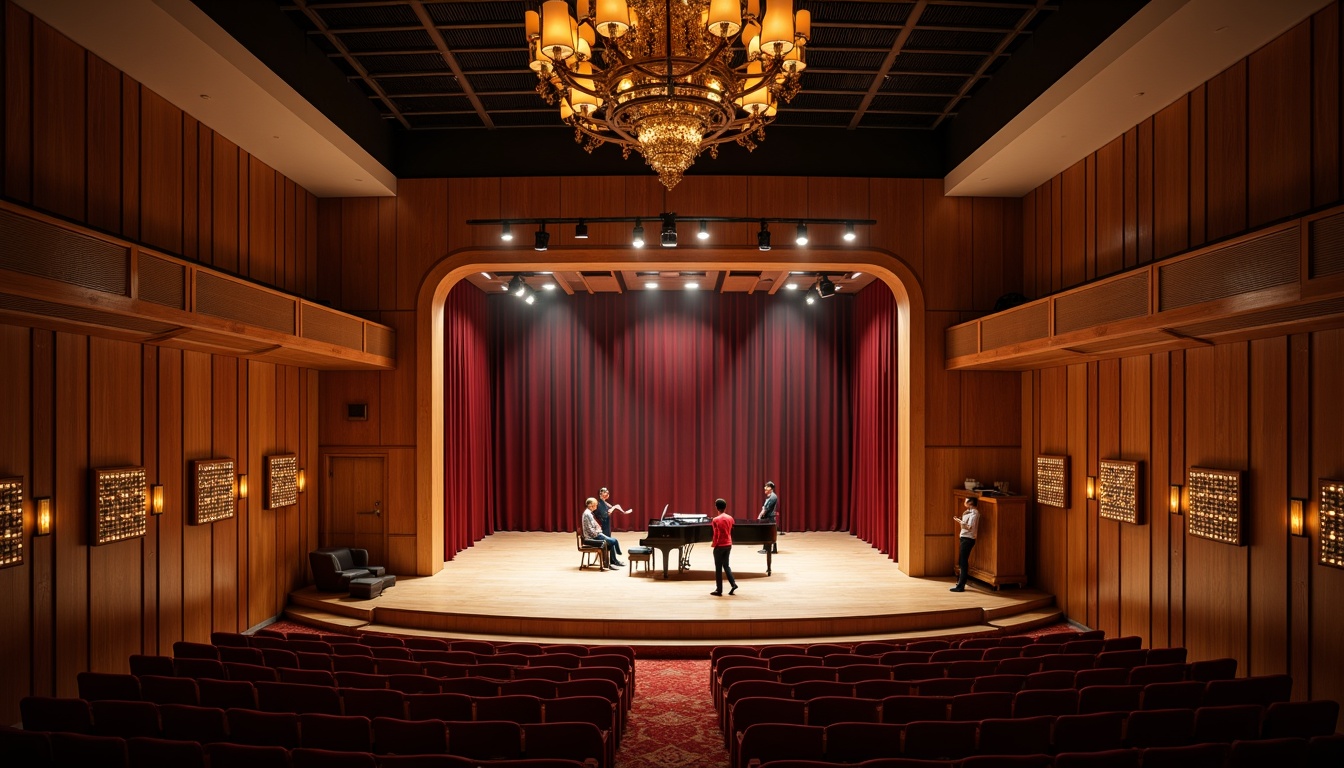 Prompt: Intimate concert hall, wooden acoustic panels, sound-absorbing materials, curved lines, minimalist decor, warm ambient lighting, shallow stage, grand piano, professional audio equipment, high ceilings, ornate chandeliers, plush red seats, velvet curtains, dramatic spotlights, 1/1 composition, soft focus, realistic textures, subtle reflections.