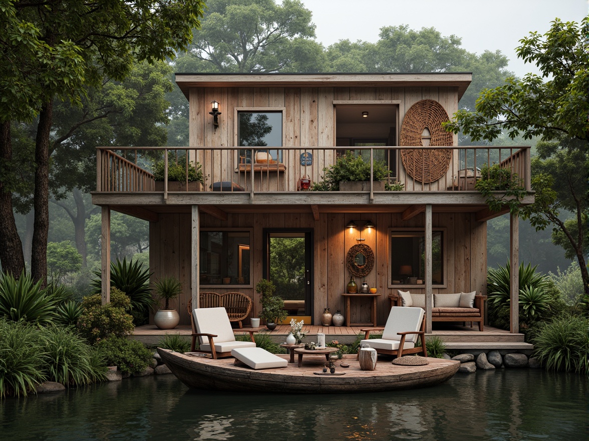 Prompt: Whimsical boathouse, eclectic facade, distressed wood textures, vintage nautical elements, rusty metal accents, colorful glass bottles, woven wicker furniture, lush greenery, overgrown vegetation, misty morning atmosphere, soft warm lighting, shallow depth of field, 1/1 composition, realistic water reflections, ambient occlusion.