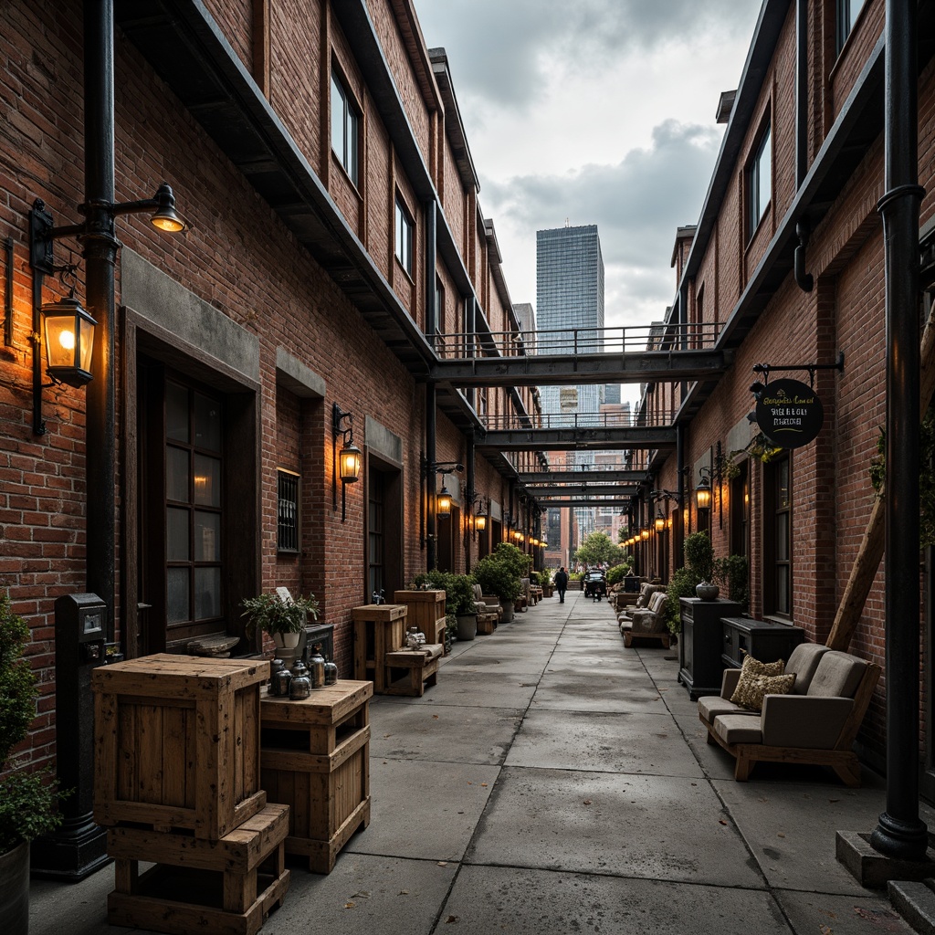 Prompt: Rustic industrial factory, exposed brick walls, metallic beams, reclaimed wood accents, distressed concrete floors, vintage machinery, urban cityscape, cloudy grey sky, warm soft lighting, shallow depth of field, 1/1 composition, realistic textures, ambient occlusion, worn wooden crates, old-fashioned lanterns, faded signage, eclectic mix of materials, post-industrial aesthetic, nostalgic atmosphere.