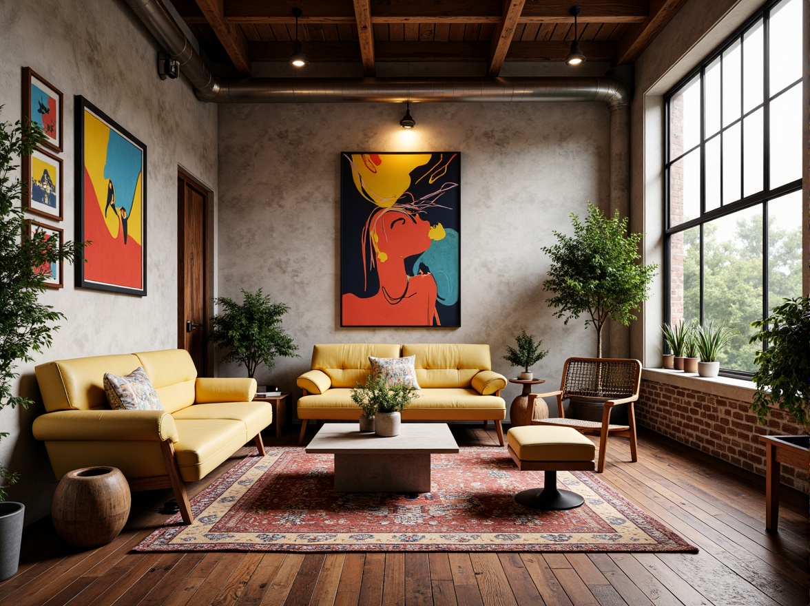 Prompt: Vibrant artistic studio, eclectic furniture, bold color blocking, contrasting textures, abstract artwork, statement lighting fixtures, industrial metal accents, reclaimed wood floors, bohemian-inspired rugs, natural stone walls, oversized windows, soft warm glow, shallow depth of field, 1/1 composition, realistic renderings, ambient occlusion.