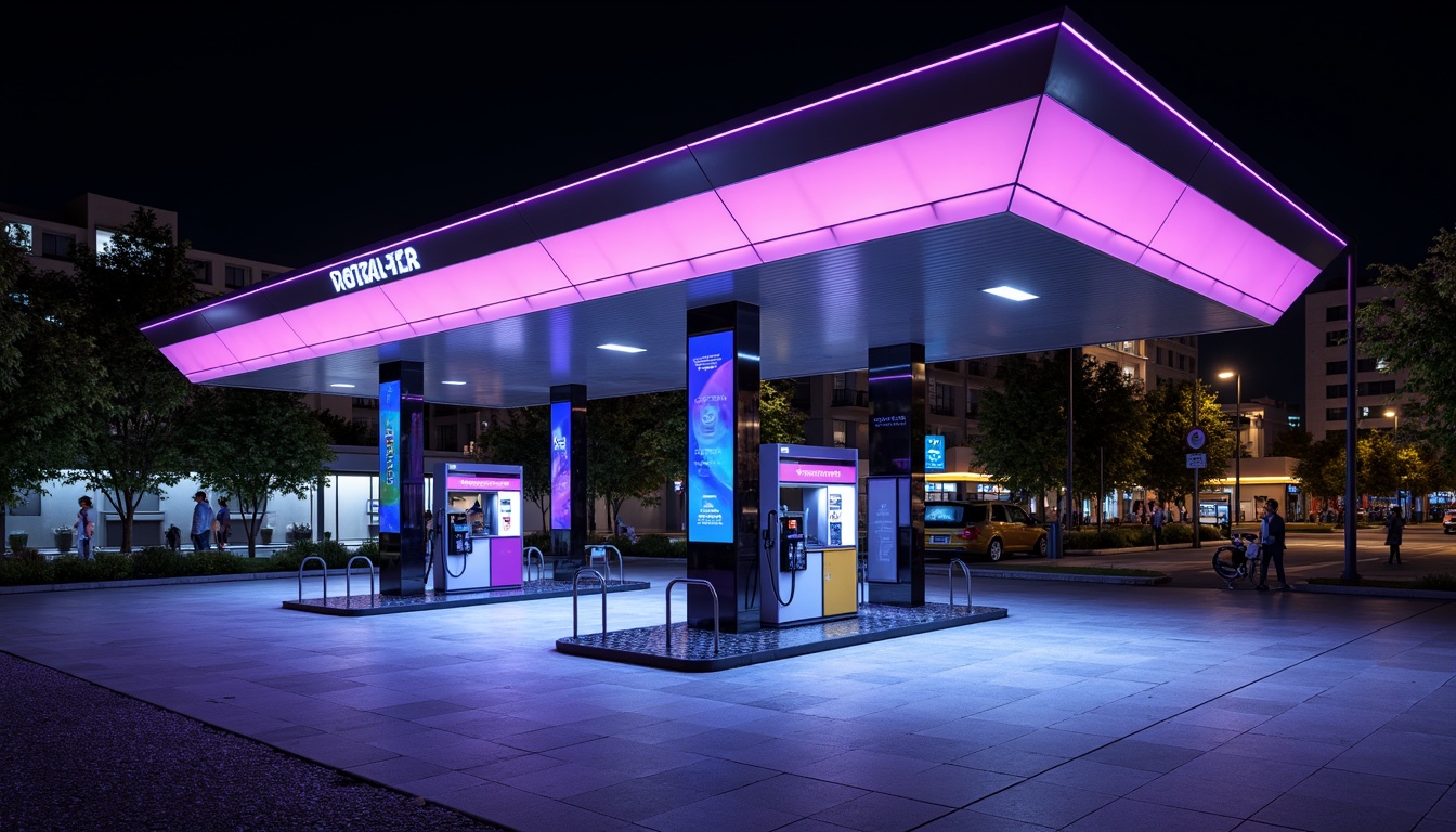 Prompt: Futuristic gas station, sleek metal canopy, neon LED lights, dynamic color-changing effects, modern minimalist architecture, angular lines, reflective glass surfaces, high-gloss finishes, stainless steel accents, futuristic fuel pumps, digital display screens, electronic payment systems, urban cityscape, night scene, dramatic shadows, high-contrast lighting, 1/1 composition, shallow depth of field, realistic textures, ambient occlusion.