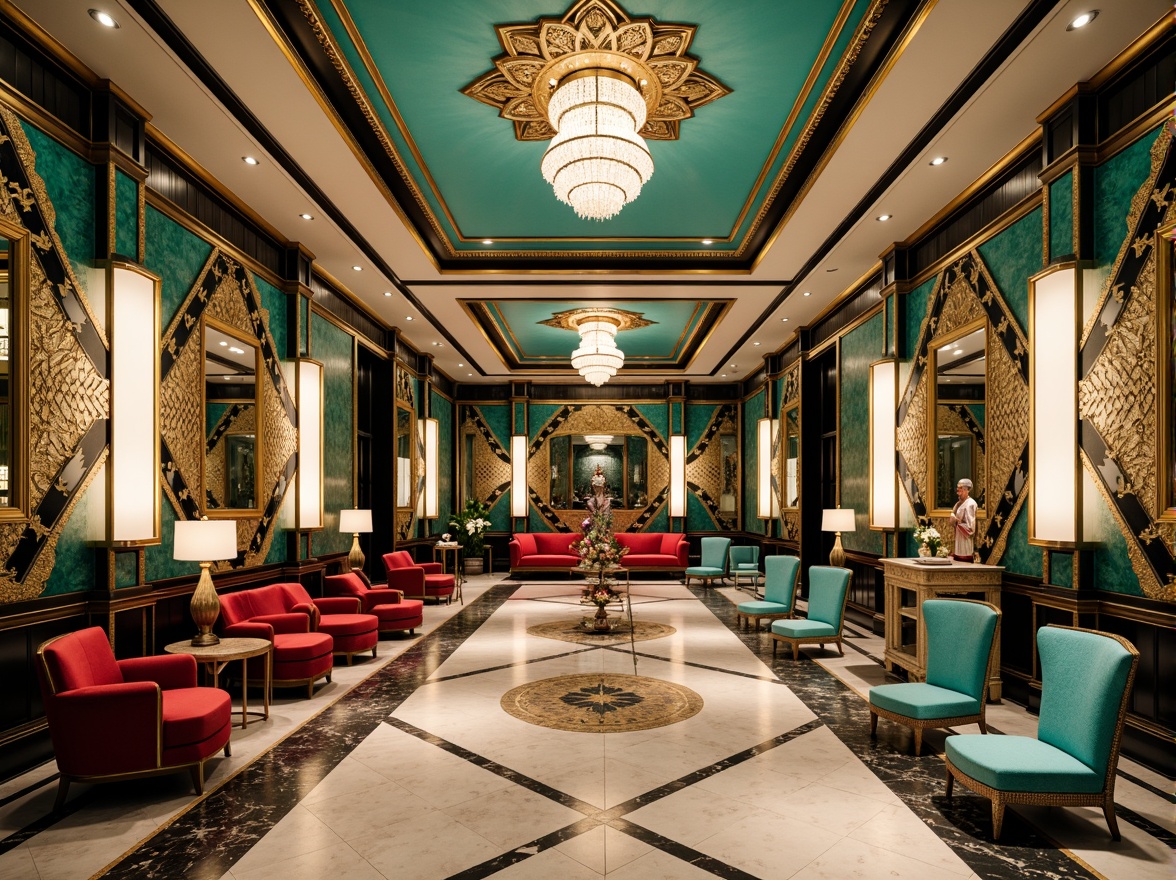 Prompt: Luxurious Art Deco interior, metallic accents, ornate geometries, bold black outlines, vibrant turquoise, rich gold leafing, creamy whites, deep reds, luxurious velvets, polished marbles, glamorous chandeliers, opulent furnishings, lavish patterns, intricate moldings, sunburst motifs, stylized florals, metallic sheens, high-contrast lighting, dramatic shadows, ornate mirrors, lavish textiles, sophisticated ambiance.