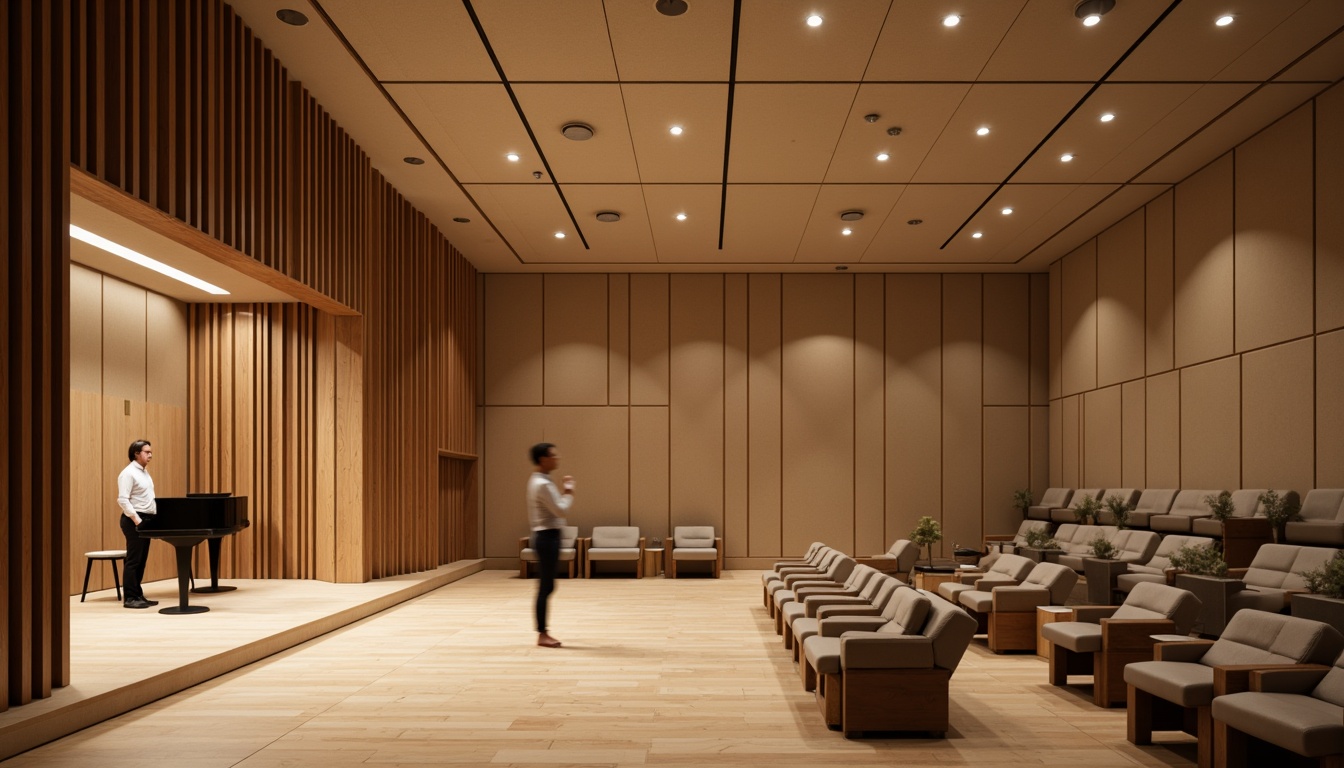 Prompt: Minimalist auditorium interior, sleek wooden floors, sound-absorbing panels, curved lines, geometric shapes, subtle lighting, warm beige tones, comfortable seating, optimized speaker placement, precise acoustic calculations, reverberation control, echo reduction, crystal-clear sound quality, intimate performance atmosphere, shallow stage design, dramatic spotlights, soft shadows, 1/1 composition, realistic textures, ambient occlusion.