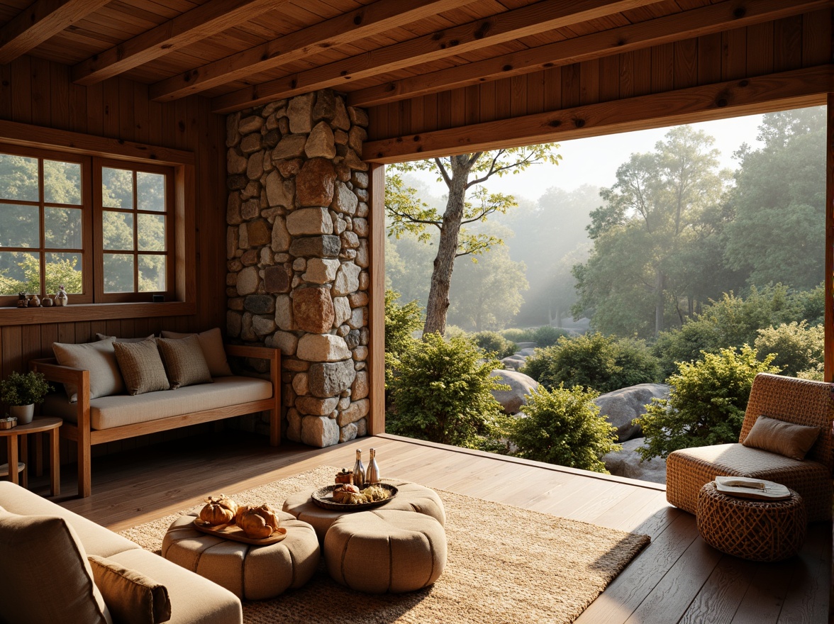 Prompt: Earthy cabin, wooden accents, natural stone walls, rustic brown furniture, woven textiles, earthy color palette, warm beige tones, soft sienna hues, moss-covered roofs, forest surroundings, misty morning, warm sunlight, shallow depth of field, 1/1 composition, realistic textures, ambient occlusion.