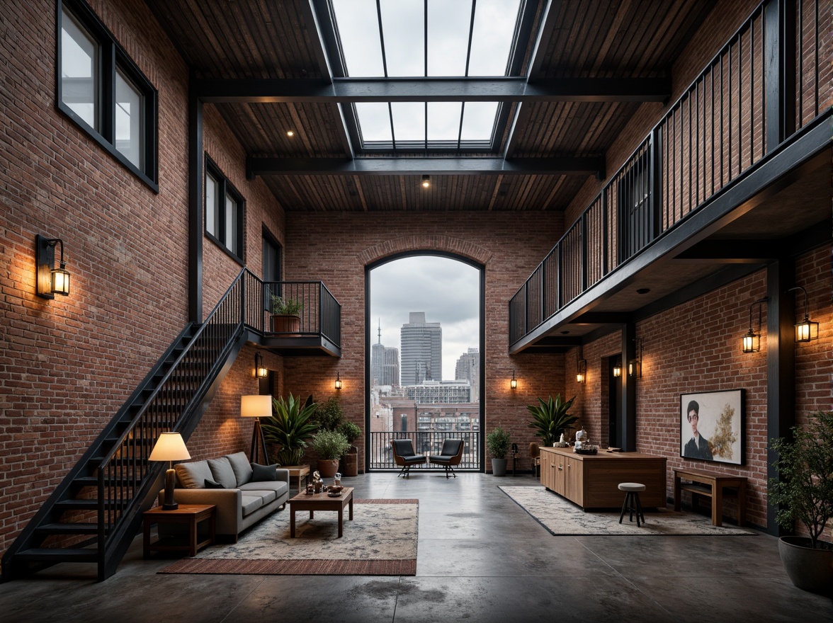 Prompt: Rustic industrial warehouse, exposed brick walls, metal beams, reclaimed wood accents, vintage machinery, distressed concrete floors, urban cityscape, cloudy grey sky, dramatic warm lighting, shallow depth of field, 1/1 composition, realistic textures, ambient occlusion, functional pipes, industrial-style lamps, metallic staircases, minimalist decor, modern urban living, converted loft spaces.