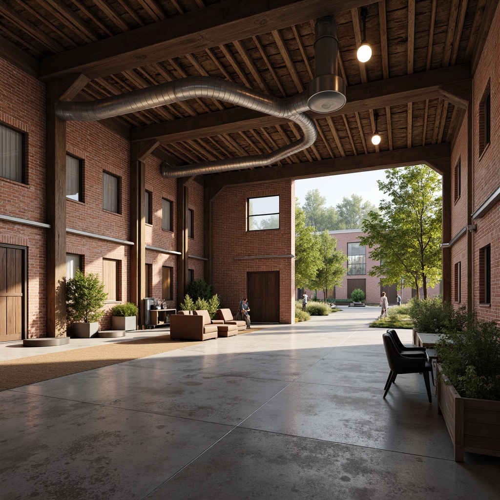 Prompt: Rustic industrial landscape, abandoned factories, worn brick walls, distressed metal roofs, reclaimed wood accents, earthy tones, natural textures, regional materials, local craftsmanship, exposed ductwork, concrete floors, steel beams, functional minimalism, industrial chic aesthetic, warm soft lighting, shallow depth of field, 1/1 composition, realistic renderings, ambient occlusion.