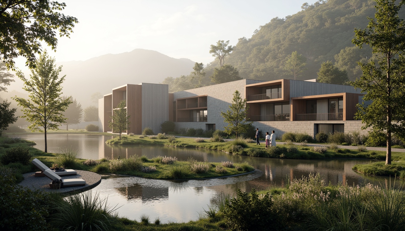 Prompt: Seamless site integration, minimalist architecture, clean lines, simple forms, neutral color palette, natural materials, wooden accents, stone walls, green roofs, subtle textures, ambient lighting, soft shadows, 1/1 composition, symmetrical framing, serene atmosphere, peaceful surroundings, lush vegetation, calm water features, misty morning, warm sunlight, shallow depth of field.