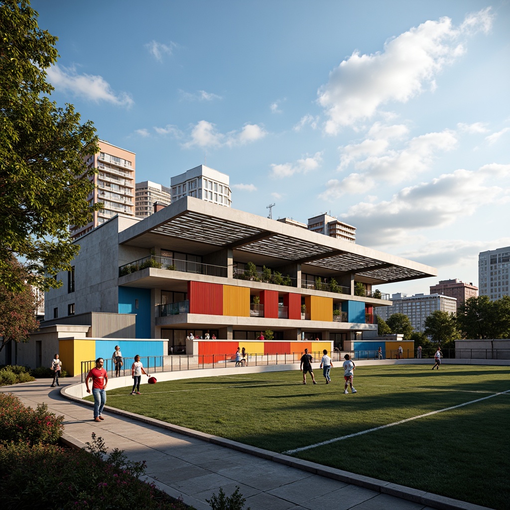 Prompt: Vibrant soccer stadium, social housing facade, bold color scheme, dynamic curves, angular lines, modern architecture, cantilevered roofs, large windows, metal cladding, concrete structures, urban landscape, city skyline, sunny day, dramatic lighting, shallow depth of field, 1/1 composition, realistic textures, ambient occlusion, lively atmosphere, energetic vibe, community spirit.