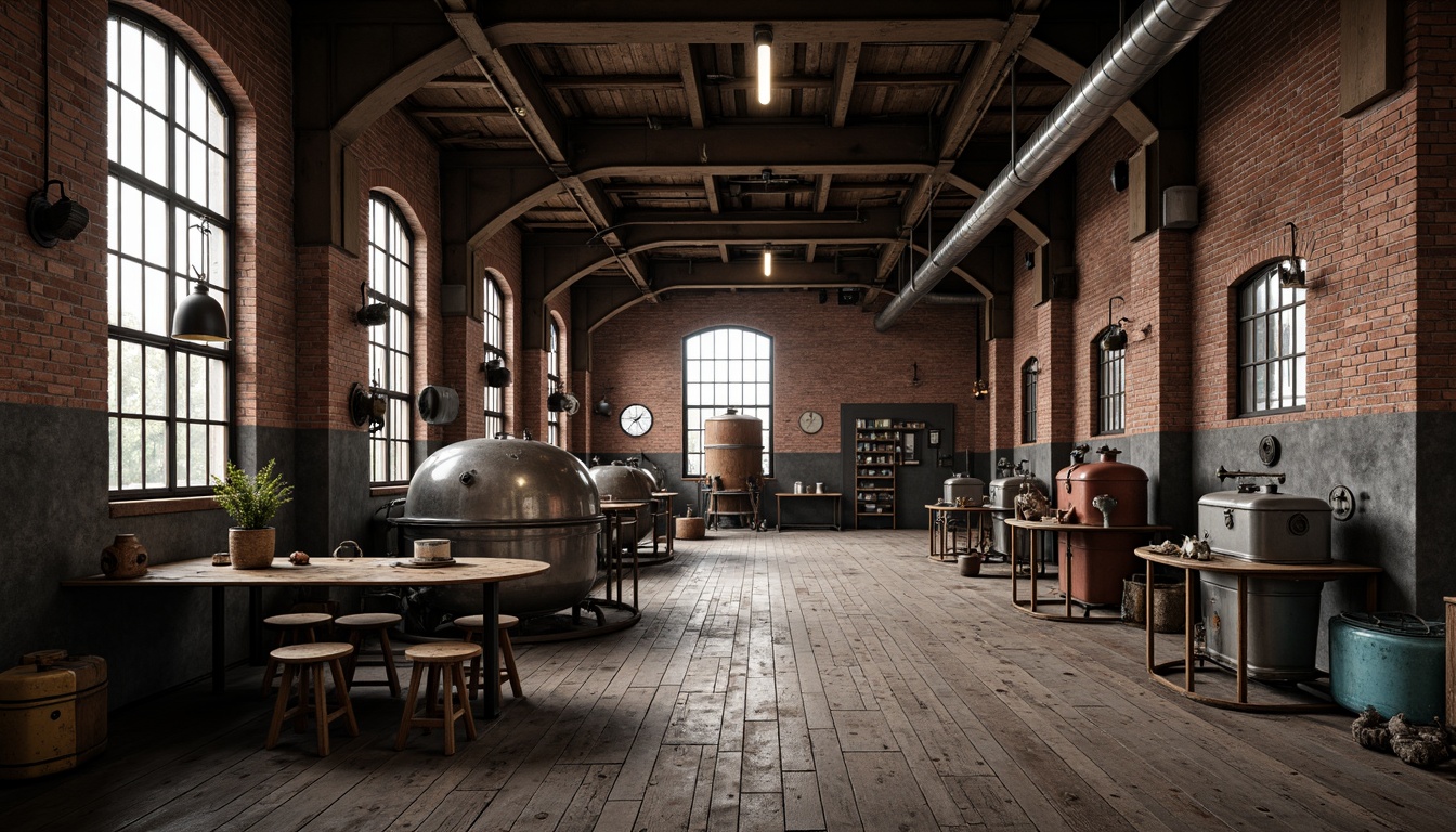 Prompt: Industrial factory setting, exposed brick walls, metal beams, worn wooden floors, vintage machinery, distressed textures, earthy tones, muted colors, rusty reds, weathered blues, faded yellows, industrial greys, urban atmosphere, gritty realism, high contrast lighting, dramatic shadows, cinematic composition, 1/2 camera angle, realistic renderings, ambient occlusion.