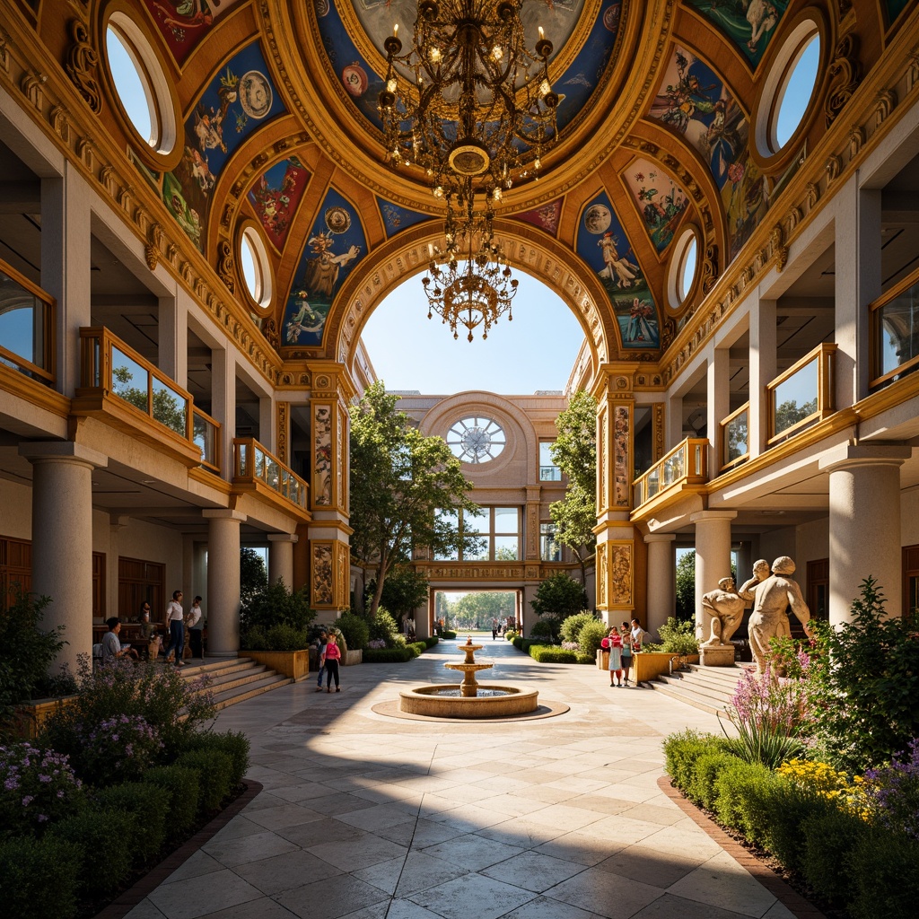 Prompt: Intricate kindergarten, ornate Baroque architecture, lavish decorations, golden accents, curved lines, grand entrance, sweeping staircases, opulent chandeliers, vibrant colorful murals, whimsical sculptures, playful fountains, lush greenery, soft warm lighting, shallow depth of field, 1/1 composition, realistic textures, ambient occlusion.