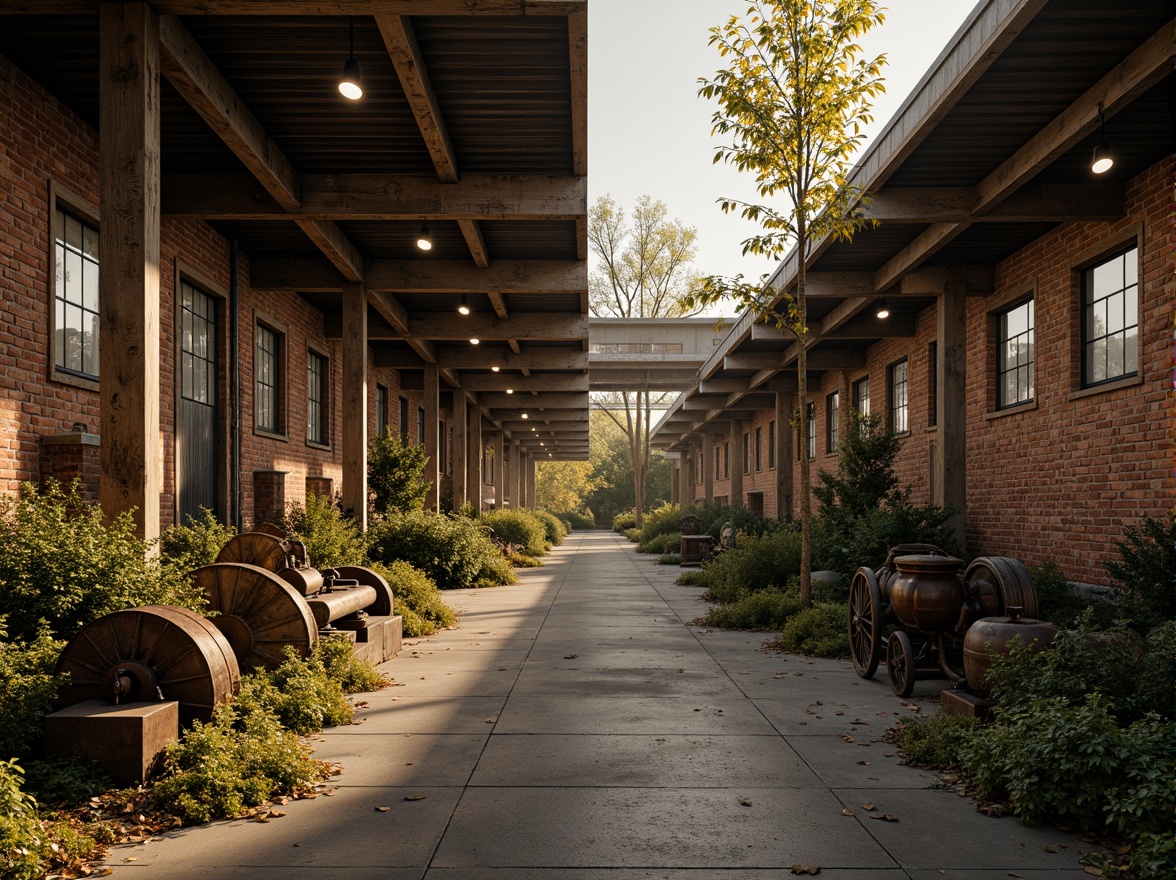 Prompt: Rustic industrial landscape, abandoned factories, distressed brick walls, corrugated metal roofs, worn wooden beams, vintage machinery, urban decay, overgrown vegetation, gritty urban atmosphere, warm golden lighting, shallow depth of field, 1/2 composition, cinematic view, realistic textures, ambient occlusion, nostalgic mood, retro-futuristic elements, exposed ductwork, concrete floors, steel columns, reclaimed wood accents, industrial chic aesthetic.