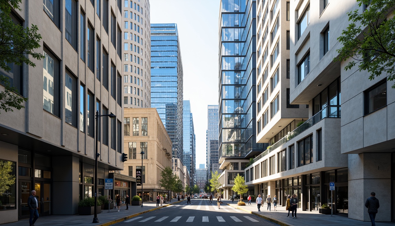 Prompt: Sleek modern buildings, curved lines, metallic surfaces, reflective glass facades, monochromatic color scheme, neutral tones, creamy whites, dark grays, bold accents, vibrant blues, warm beige, industrial materials, urban cityscape, busy streets, morning sunlight, soft shadows, 1/1 composition, symmetrical framing, high contrast lighting, realistic reflections.