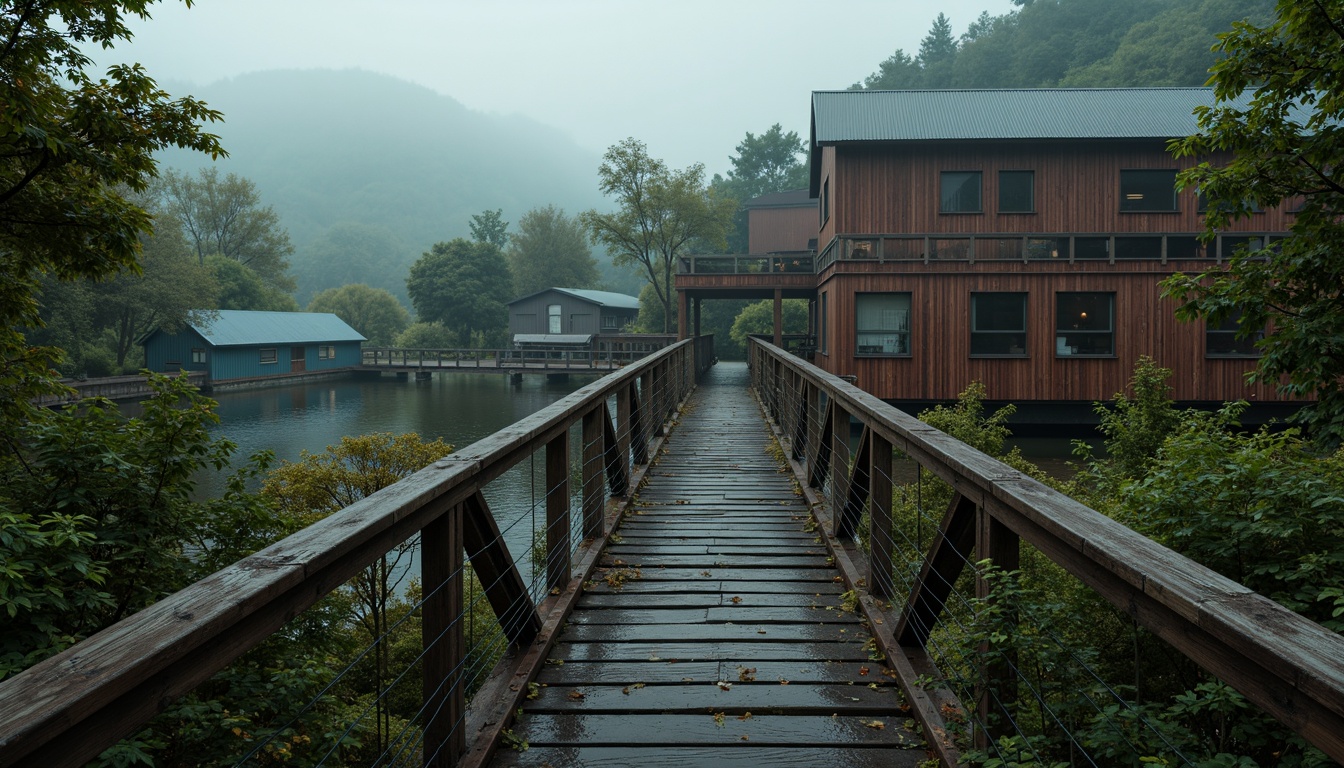 Prompt: Rustic steel bridges, industrial-era aesthetic, weathered metal textures, warm earthy tones, muted blue-grey hues, rich brown wood accents, vibrant greenery surroundings, misty atmospheric effects, soft natural lighting, shallow depth of field, 2/3 composition, cinematic view, realistic reflections, ambient occlusion.