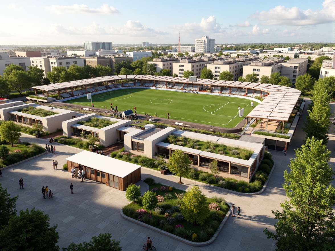 Prompt: Eco-friendly soccer stadium, social housing complex, green roofs, solar panels, wind turbines, rainwater harvesting systems, recycled building materials, natural ventilation systems, energy-efficient lighting, community gardens, public art installations, vibrant street art, urban agriculture, mixed-income residential units, accessible pedestrian paths, bike lanes, electric vehicle charging stations, modern minimalist architecture, cantilevered structures, angular lines, open-air corridors, communal outdoor spaces, shaded seating areas, warm color schemes, soft natural lighting, 1/1 composition, realistic textures, ambient occlusion.