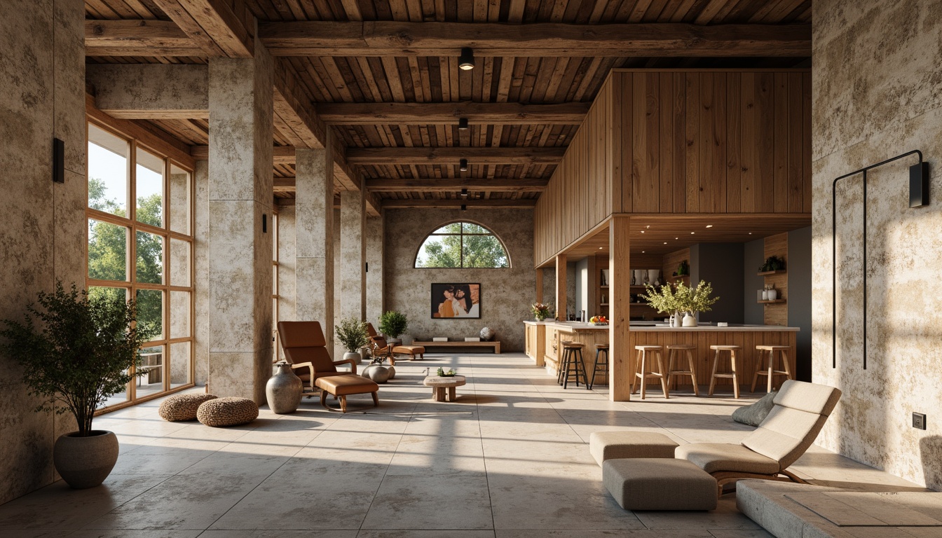 Prompt: Weathered wooden accents, reclaimed wood textures, earthy color palette, natural stone walls, exposed concrete structures, industrial metal frames, minimalist decor, functional simplicity, abundant natural light, soft warm ambiance, shallow depth of field, 1/1 composition, realistic material rendering, ambient occlusion.