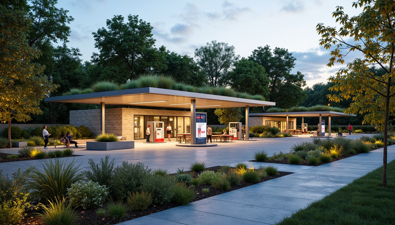 Prompt: Vibrant gas station, lush green roofs, native plant species, natural stone walls, modern architecture, sleek metal canopies, LED lighting, eco-friendly fueling systems, solar panels, rainwater harvesting systems, permeable pavement, stormwater management, outdoor seating areas, shaded walkways, pedestrian-friendly access, wheelchair-accessible ramps, clear signage, wayfinding graphics, warm color scheme, soft evening lighting, shallow depth of field, 3/4 composition, panoramic view, realistic textures, ambient occlusion.