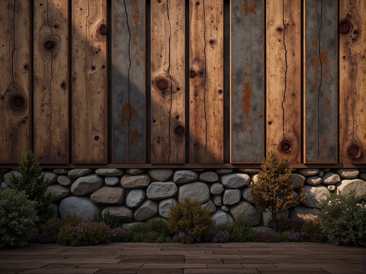 Prompt: Rustic wooden planks, distressed metal panels, rough-hewn stone walls, earthy tone color palette, natural material textures, organic shapes, irregular forms, abstract patterns, moody atmospheric lighting, warm golden hour, shallow depth of field, 1/2 composition, realistic renderings, ambient occlusion.