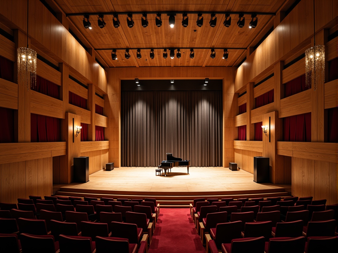 Prompt: Intimate concert hall, wooden acoustic panels, sound-absorbing materials, curved lines, minimalist decor, warm ambient lighting, shallow stage, grand piano, professional audio equipment, high ceilings, ornate chandeliers, plush red seats, velvet curtains, dramatic spotlights, 1/1 composition, soft focus, realistic textures, subtle reflections.