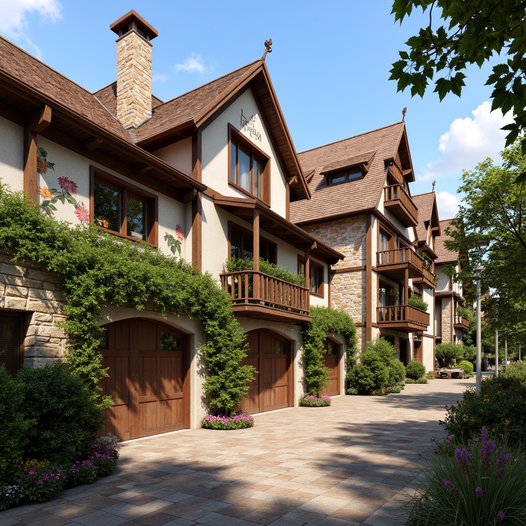 Prompt: Rustic regionalist facade, earthy tones, natural stone walls, wooden accents, steeply pitched roofs, ornate chimneys, decorative trusses, vibrant floral patterns, colorful ceramic tiles, intricate stonework, arched windows, heavy wooden doors, lush greenery, blooming vines, sunny day, warm soft lighting, shallow depth of field, 3/4 composition, panoramic view, realistic textures, ambient occlusion.