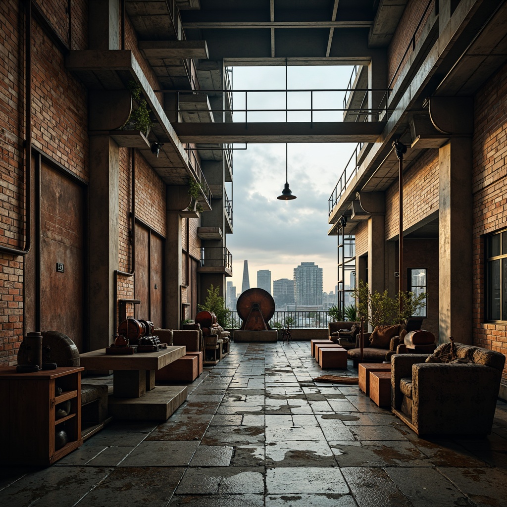 Prompt: Industrial factory setting, exposed brick walls, metal beams, worn wooden floors, distressed concrete textures, vintage machinery, rusty pipes, urban cityscape, cloudy grey skies, warm golden lighting, shallow depth of field, 1/2 composition, realistic materials, ambient occlusion, muted color palette, earthy tones, weathered steel blues, faded reds, industrial greens, creamy whites, rich browns.