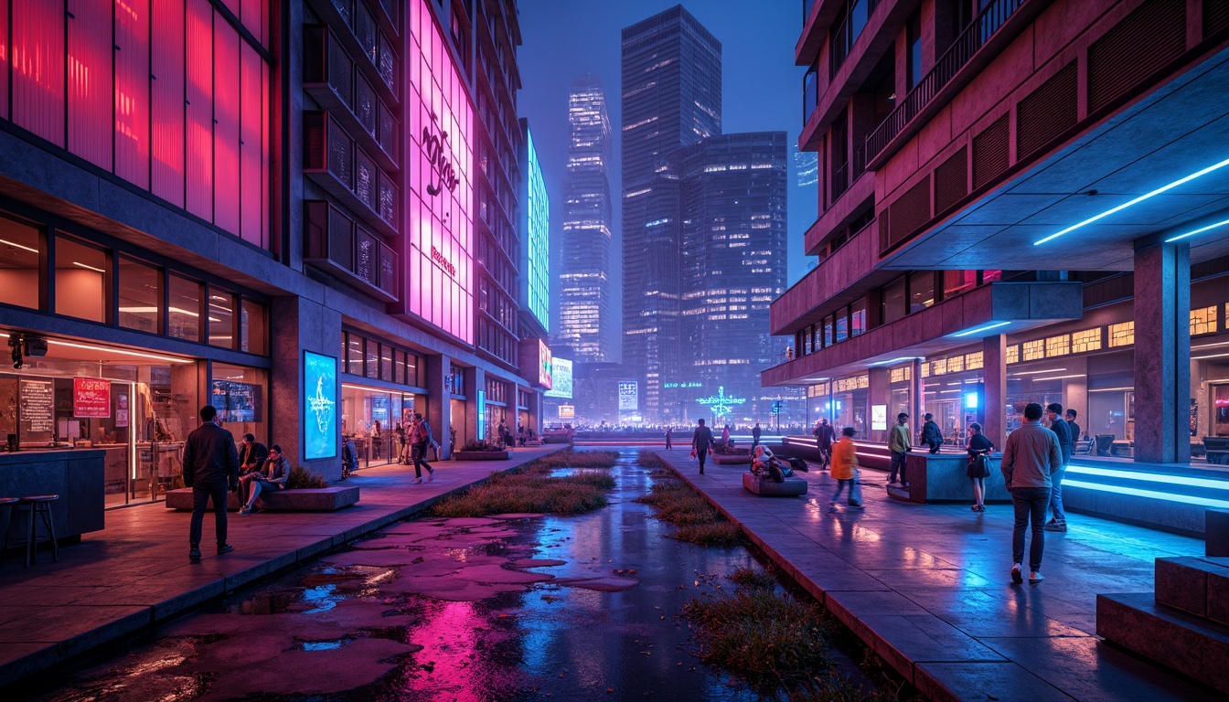 Prompt: Vibrant neon lights, iridescent hues, metallic sheen, reflective surfaces, glowing accents, futuristic skyscrapers, abstract geometries, deconstructed forms, avant-garde designs, bold color blocking, clashing textures, industrial materials, exposed ductwork, neon-lit cityscapes, dystopian landscapes, cyberpunk aesthetics, high-contrast lighting, dramatic shadows, 3D modeling, algorithmic patterns, parametric design, futuristic urban planning, innovative building systems.