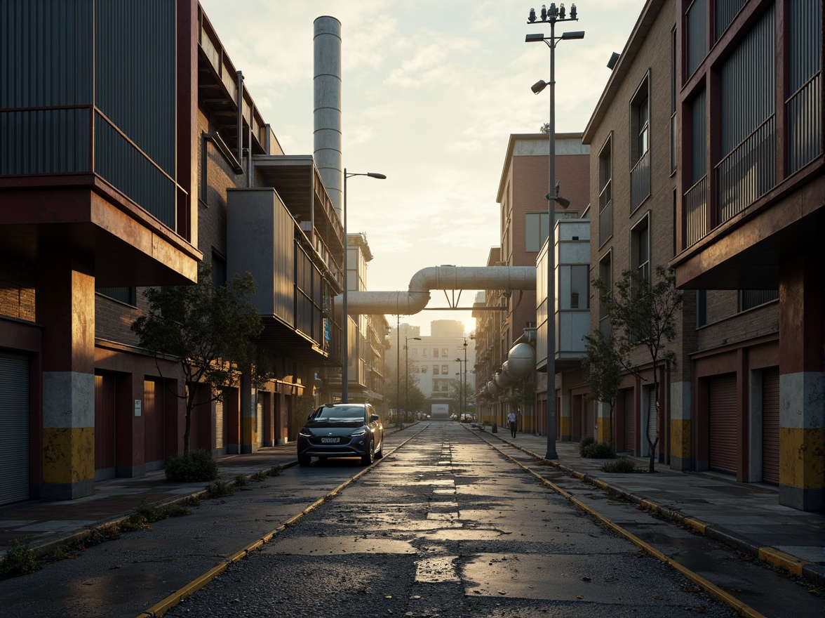 Prompt: Industrial landscape, rugged concrete roads, metallic buildings, exposed ductwork, steel beams, industrial pipes, mechanical equipment, urban cityscape, misty atmosphere, warm golden lighting, shallow depth of field, 2/3 composition, realistic textures, ambient occlusion, muted color palette, earthy tones, rusty reds, deep blues, weathered wood accents, distressed metal finishes, functional design elements.