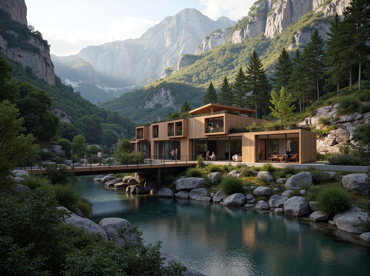 Prompt: Mountainous terrain, rugged cliffs, serene lakeside, lush green forests, meandering rivers, rustic wooden bridges, natural stone walls, cantilevered structures, angular lines, minimalist design, modern structuralist architecture, steel beams, glass facades, open floor plans, industrial materials, brutalist elements, earthy color palette, warm ambient lighting, shallow depth of field, 3/4 composition, panoramic view, realistic textures, ambient occlusion.