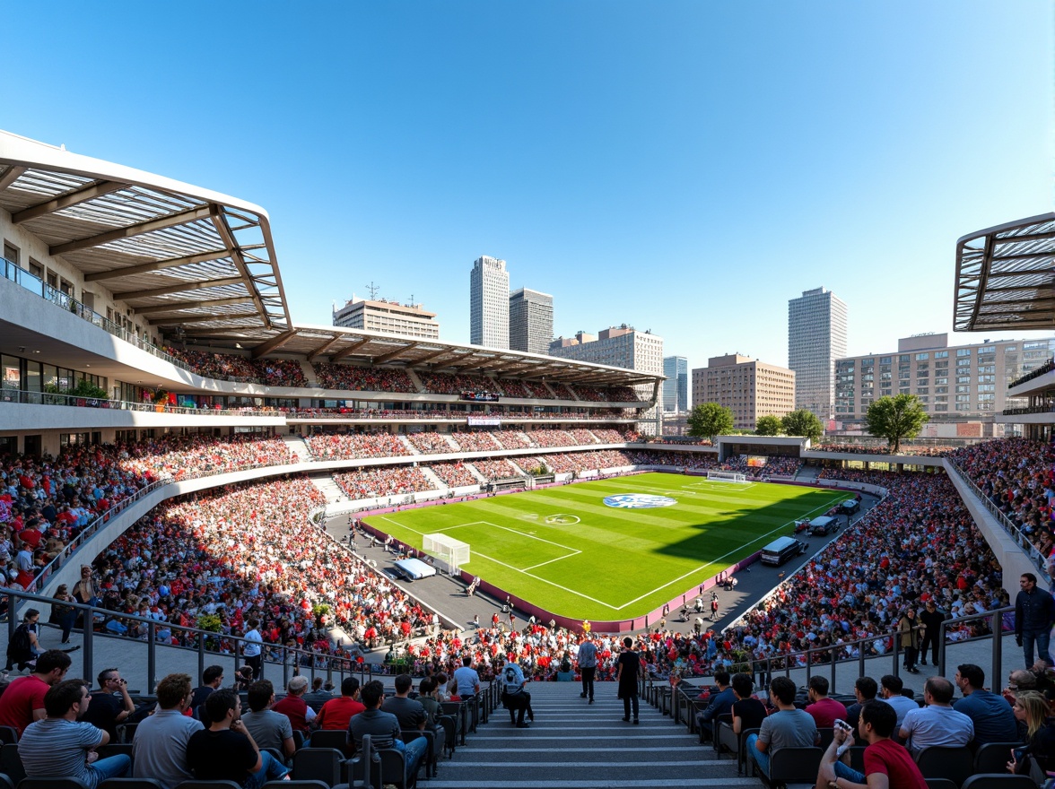 Prompt: Modern soccer stadium housing, sleek metal fa\u00e7ade, transparent glass walls, cantilevered roofs, vibrant team color accents, durable concrete floors, weather-resistant exterior cladding, energy-efficient LED lighting, spacious player lounges, state-of-the-art locker rooms, advanced athletic training facilities, panoramic views of the pitch, dynamic crowd seating areas, urban cityscape backdrop, clear blue sky, warm sunny day, shallow depth of field, 3/4 composition, realistic textures, ambient occlusion.