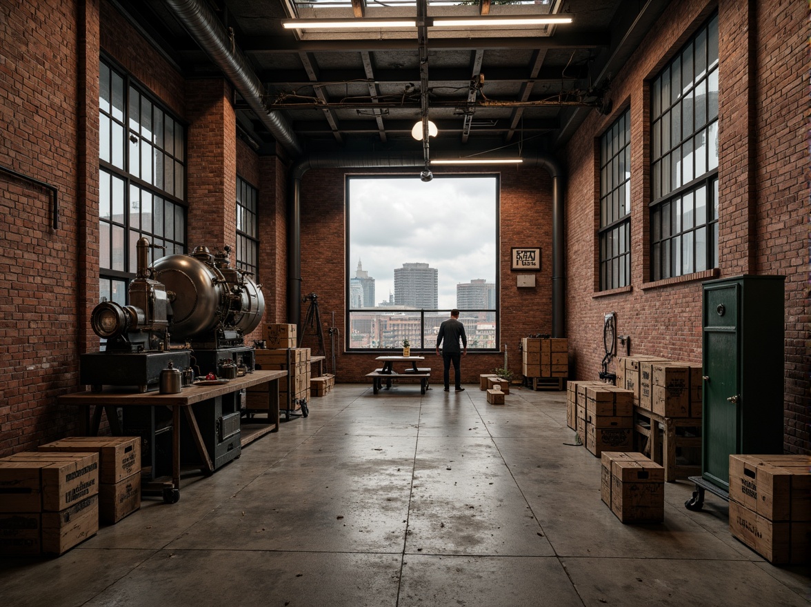 Prompt: Rustic industrial factory, exposed brick walls, metallic beams, reclaimed wood accents, distressed concrete floors, vintage machinery, urban cityscape, cloudy grey sky, warm soft lighting, shallow depth of field, 1/1 composition, realistic textures, ambient occlusion, worn wooden crates, old-fashioned lanterns, faded signage, eclectic mix of materials, post-industrial aesthetic, nostalgic atmosphere.