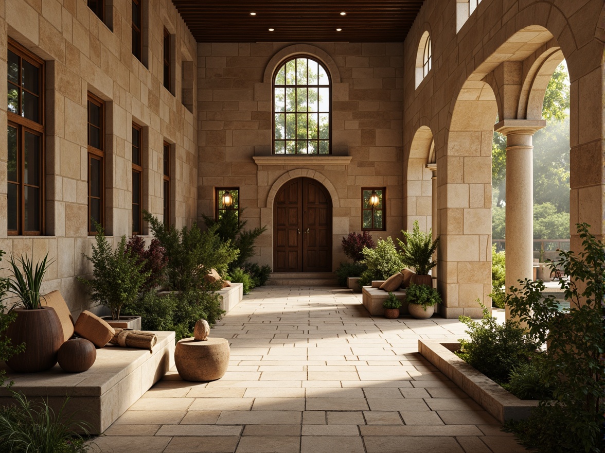 Prompt: Serene monastery courtyard, natural stone walls, rustic wooden doors, stained glass windows, vaulted ceilings, soft warm lighting, gentle shadows, peaceful ambiance, lush greenery, blooming flowers, tranquil water features, subtle misting, warm beige tones, earthy textures, minimalist decor, simple furnishings, contemplative atmosphere, soft focus, shallow depth of field, 1/1 composition, realistic rendering.