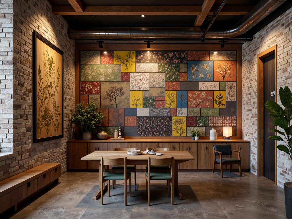 Prompt: Rustic stone walls, weathered wooden planks, distressed metal panels, ornate ceramic tiles, vibrant mosaic patterns, natural brick facades, rough-hewn concrete blocks, reclaimed wood accents, industrial steel beams, exposed ductwork, urban loft atmosphere, warm ambient lighting, shallow depth of field, 2/3 composition, realistic textures, ambient occlusion.