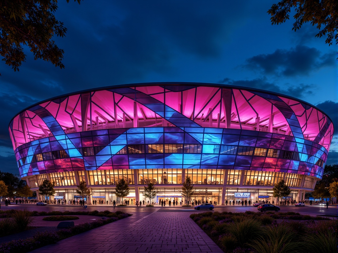 Prompt: Vibrant stadium facade, dynamic curves, bold angular lines, futuristic expressionist architecture, neon-lit LED lights, abstract geometric patterns, irregular shapes, clashing colors, distorted proportions, oversized arches, sweeping cantilevers, dramatic shadows, high-contrast lighting, 1/2 composition, low-angle shot, cinematic atmosphere, realistic materials, ambient occlusion.